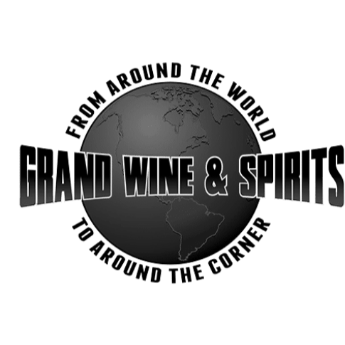 Logo of Grand Wine & Spirits with a world map and text on a white background