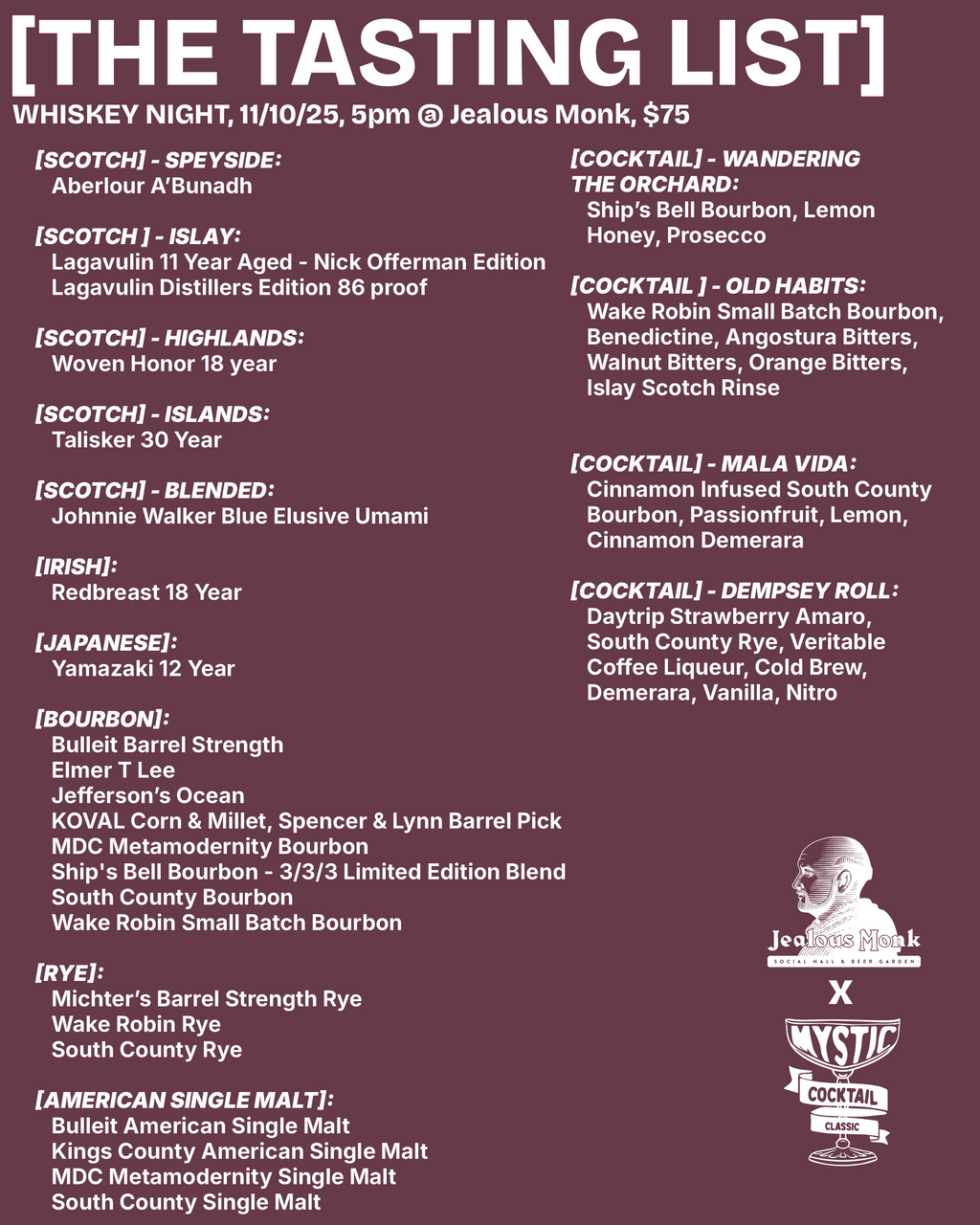 Whisk(e)y Spirited Tasting @ The Jealous Monk - 5:00PM on 11/10