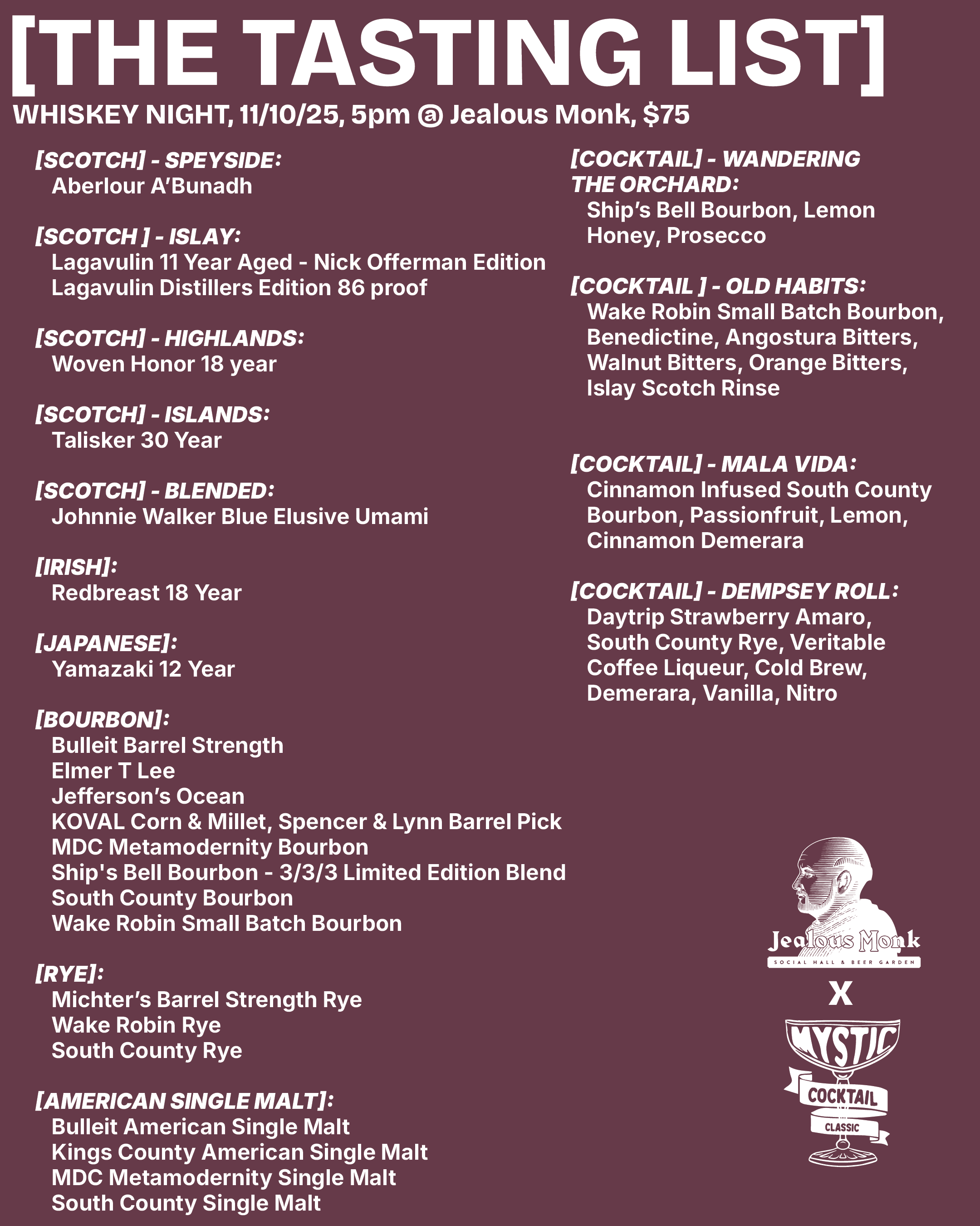 Whisk(e)y Spirited Tasting @ The Jealous Monk - 5:00PM on 11/10
